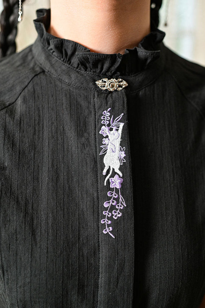 コットンススタンドカラーブラックスリムシャツ