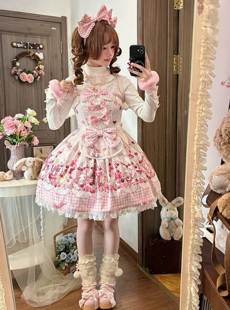 [Précommande jusqu'au 5 mai] Robe JSK à imprimé cerises roses, dentelle, ruban et tablier oreilles de lapin + accessoires