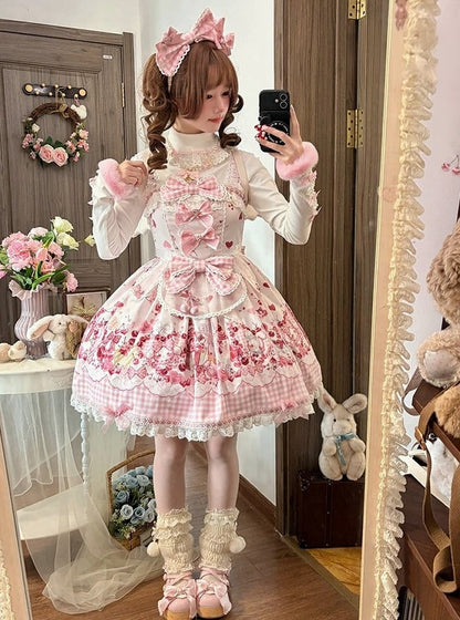 [Précommande jusqu'au 5 mai] Robe JSK à imprimé cerises roses, dentelle, ruban et tablier oreilles de lapin + accessoires
