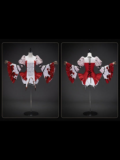 [Vorbestellschluss: 9.19.] Dekadentes dunkles Gothic-Blut-Glockenärmel-Top + schwarze Harness-Weste mit Augenstickerei und Schnallen-Set (Blutstropfen-Motiv-Anhänger + Kreuzmotiv-Anhänger) + weiße Puff-Prinzen-Shorts mit Schnalle