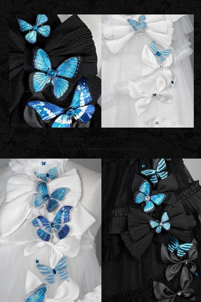 [Pre-order Deadline: October 14] Black/White Gothic Lolita Blue Butterfly Bow Tulle Ruffle Layered Halter Dress