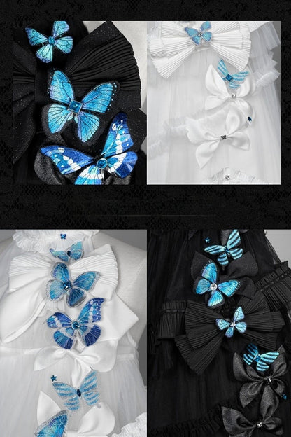 [Pre-order Deadline: October 14] Black/White Gothic Lolita Blue Butterfly Bow Tulle Ruffle Layered Halter Dress