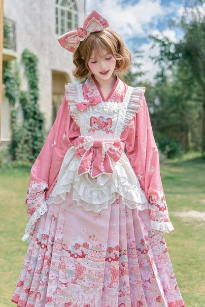 【10月21日予約締切】Pink/Blue Hanfu-inspired Little Lamb Tea Party Lace Wide Sleeve Blouse + Printed Ruffle Skirt + Pleated Mamian Skirt + Strawberry Embroidered Ribbon Lace Apron