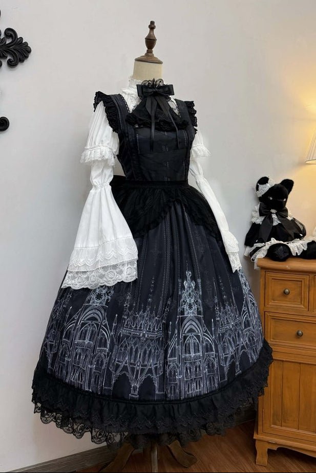 【10月13日予約締切】Gothic Lolita Black White Cathedral Series Accessories(Flat Hat, Crown Mini Hat, Sash, Back Ribbon Train, Waist Apron, Castle Flower Brooch, Brooch, Jabot)