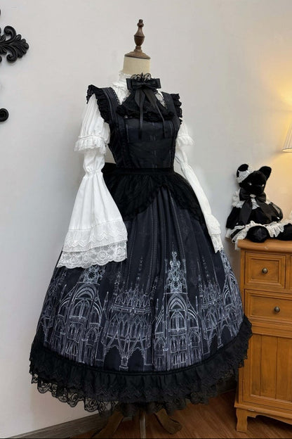 【10月13日予約締切】Gothic Lolita Black White Cathedral Series Accessories(Flat Hat, Crown Mini Hat, Sash, Back Ribbon Train, Waist Apron, Castle Flower Brooch, Brooch, Jabot)