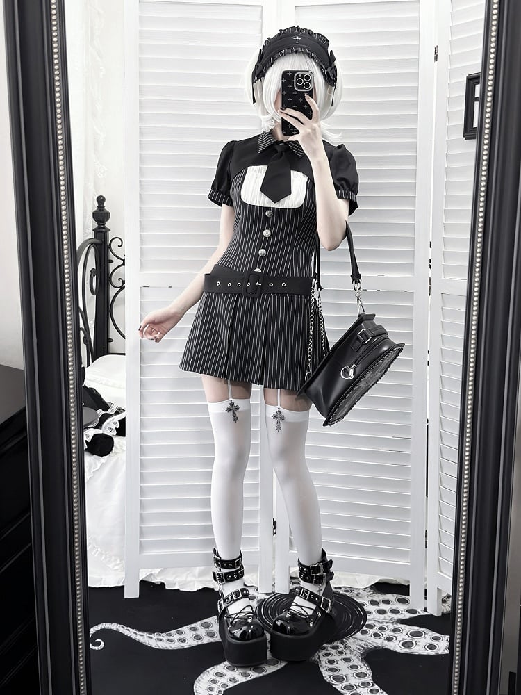 【4月29日予約締切】ブラックピンストライプタイカラーショートジャケットドレスフルセット＋ジュエルキャスケット
