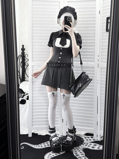 【4月29日予約締切】ブラックピンストライプタイカラーショートジャケットドレスフルセット＋ジュエルキャスケット
