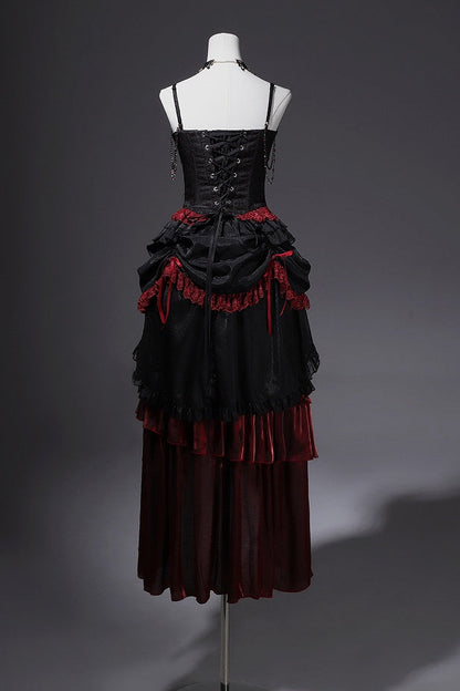 [Pre-order] Red and Black Dark Gothic Lolita Jacquard Dress Complete Set (Bustier Top + Long Skirt + Pull-Up Overskirt + Choker)