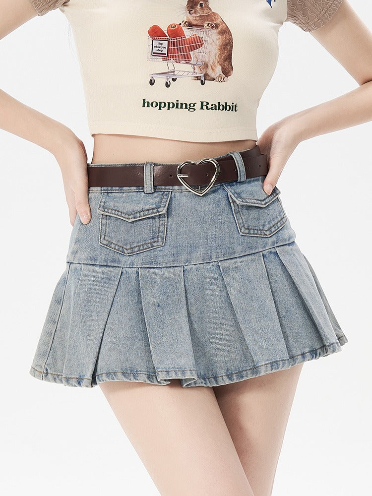 Heart Belt Frill Denim Pleated Skirt