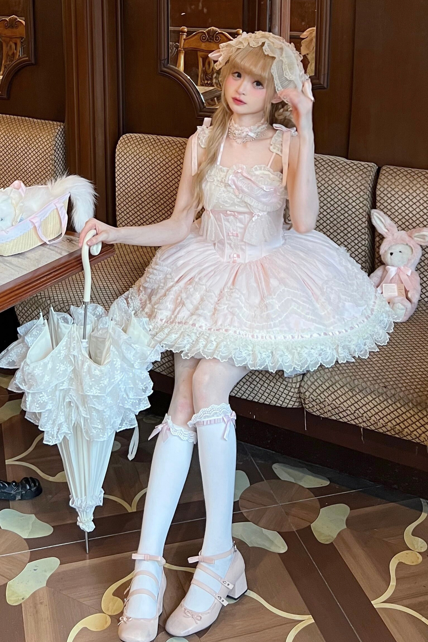 甜美珍妮蘿莉塔吊帶裙+項鍊+帽子+髮帶