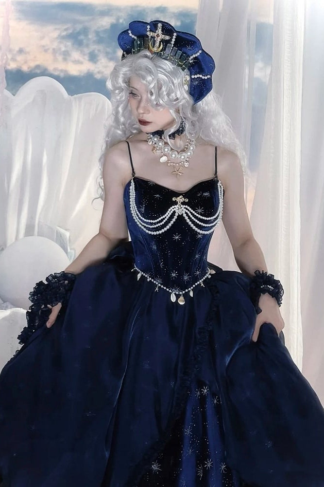 [Reservierungsschluss 1. Juni] Dunkelblau/Pink/Dunkelpetrol Atlantis Dark-Fantasy-Lolita Sternen-Korsett asymmetrisches Bustier-JKS-Kleid