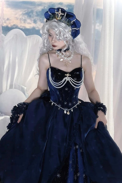 [Reservierungsschluss 1. Juni] Dunkelblau/Pink/Dunkelpetrol Atlantis Dark-Fantasy-Lolita Sternen-Korsett asymmetrisches Bustier-JKS-Kleid