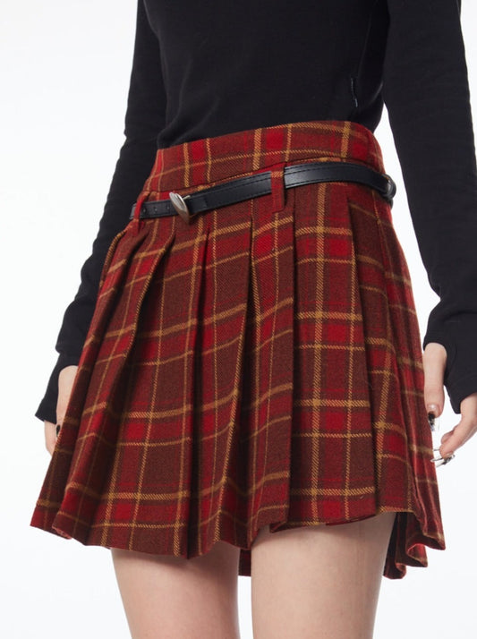 Slim A-Line Red College Style Check Pleated Wool Skirt
