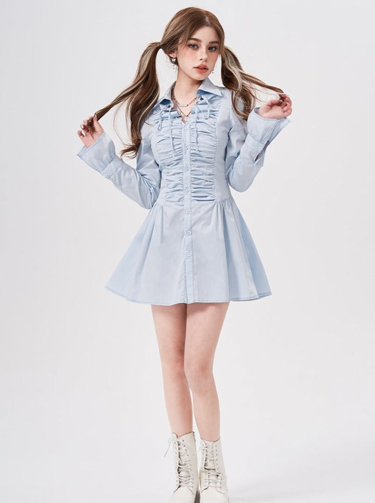 Voluminous Frilled Pleated Shirt Dress