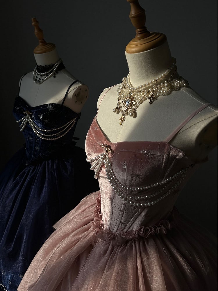 [Reservierungsschluss 1. Juni] Dunkelblau/rosa Atlantis Dark-Fantasy-Lolita-Sternenperlen-Bustierkorsett + prächtiger Rüschen-Meerjungfrauenrock