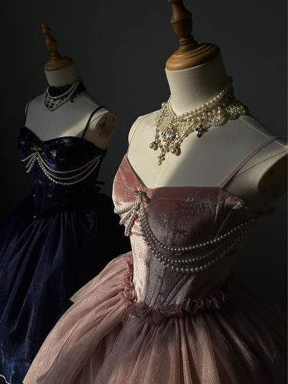 [Reservierungsschluss 1. Juni] Dunkelblau/rosa Atlantis Dark-Fantasy-Lolita-Sternenperlen-Bustierkorsett + prächtiger Rüschen-Meerjungfrauenrock