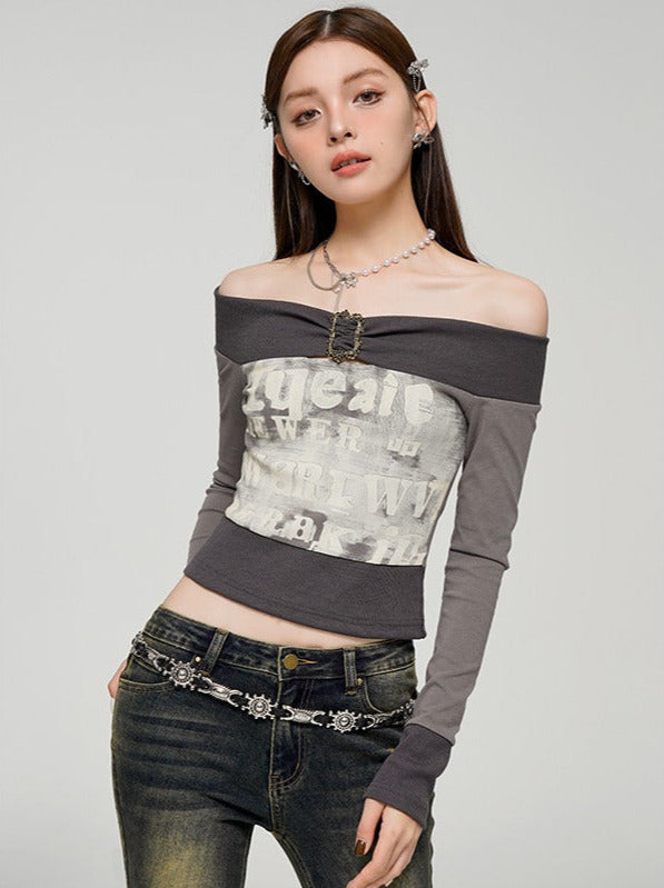 Gray Contrast Color One Shoulder Printed Top