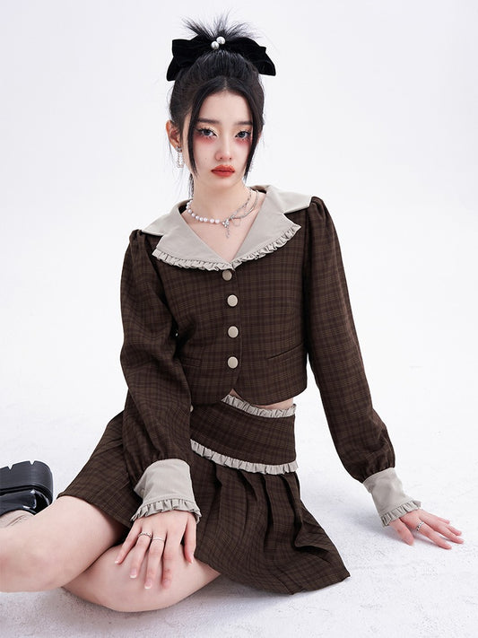 Ruffle V Collar Lantern Sleeve Check Jacket + Color Block Lace Pleated Skirt