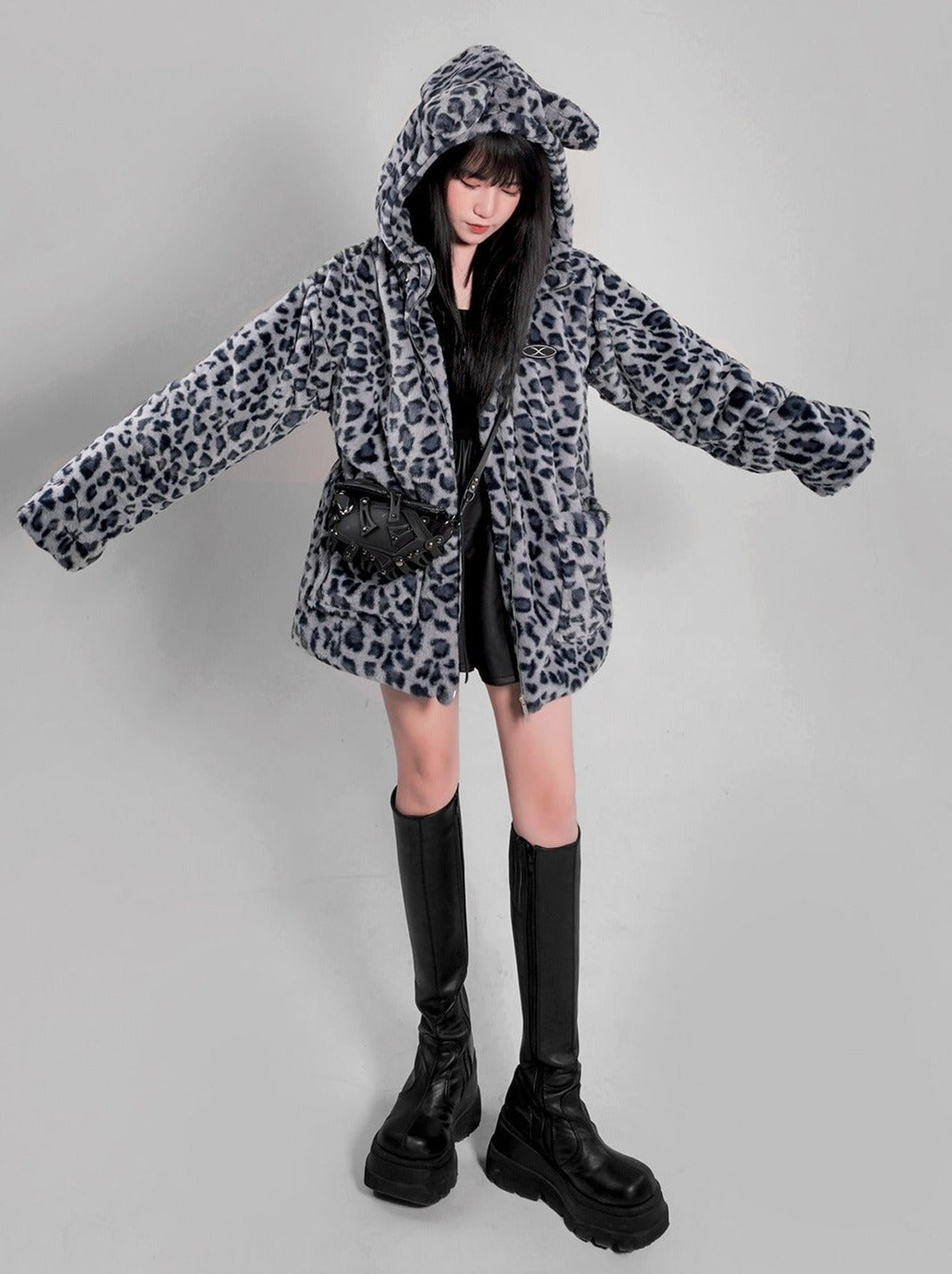 Cat Ear Leopard Fur Coat with Hood