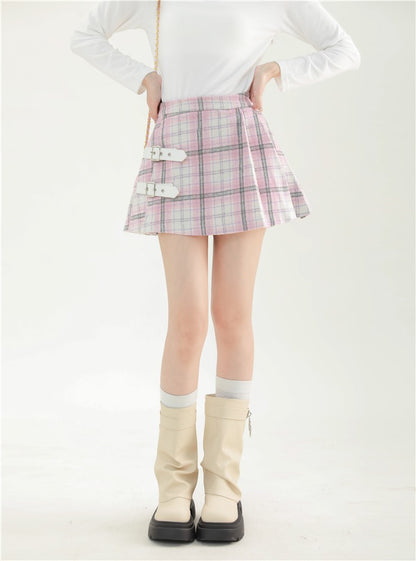 College Style Check Leather Buckle Design A-Line Skirt