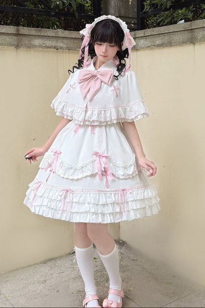 【10月4日予約締切】Blue & White / Pink & White Gothic-Inspired Sweet Lolita Ribbon Ruffle Dress＋Cross Embroidery Ribbon Cape