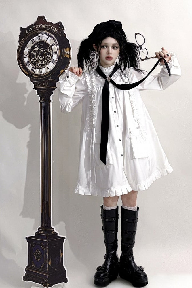 【11月6日予約締切】White/Black Gothic Lolita Drawstring Frill Strap Doll Dress