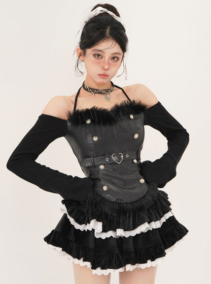 Blackberry Whiskey Black Sweet Spicy Neck Shoulder Top + Flared Skirt [Reserved Item