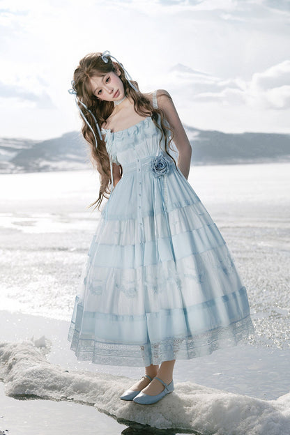 【Cierre de reservas: 22 de junio】Vestido romántico en capas con bordado floral azul/negro