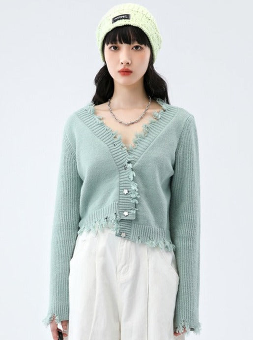 ワンポイントダメージニットカーディガン