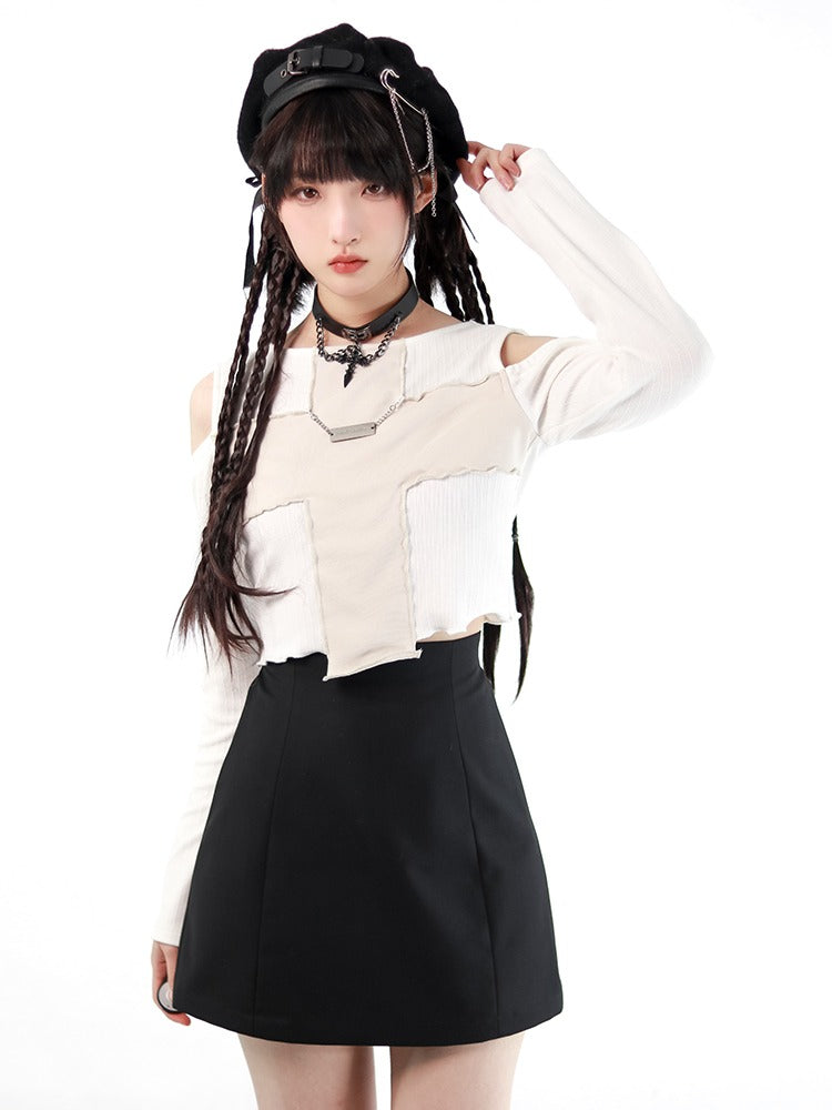 American High School Jacket Suspender Skirt + Cross Off-Shoulder Knit & Skirt