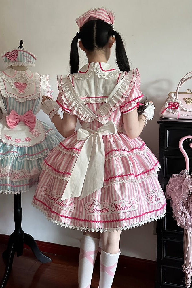 【6月18日予約締切】ピンク/ ブルー/ブラックスイートメイドロリータキャンディストライプティアードドレス＋ドレスセット1/2/3