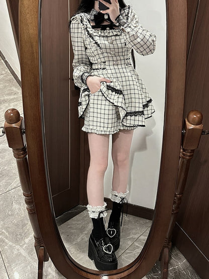 【12月18日予約締切】ジュエルリボンカラーレースチェックホワイトブラックドレスセットアップ