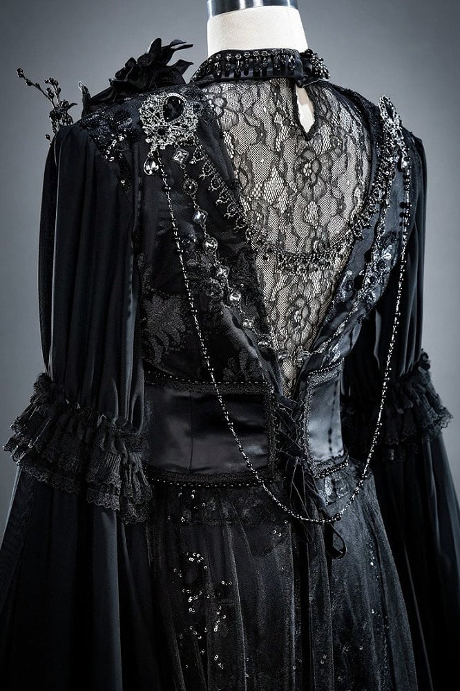 【7月8日予約締切】ホワイト/ブラックヴィクトリアンゴシックレースベルスリーブゴージャスドレス＋コルセット＋トレーン＋フラワー&チェーンアクセサリー