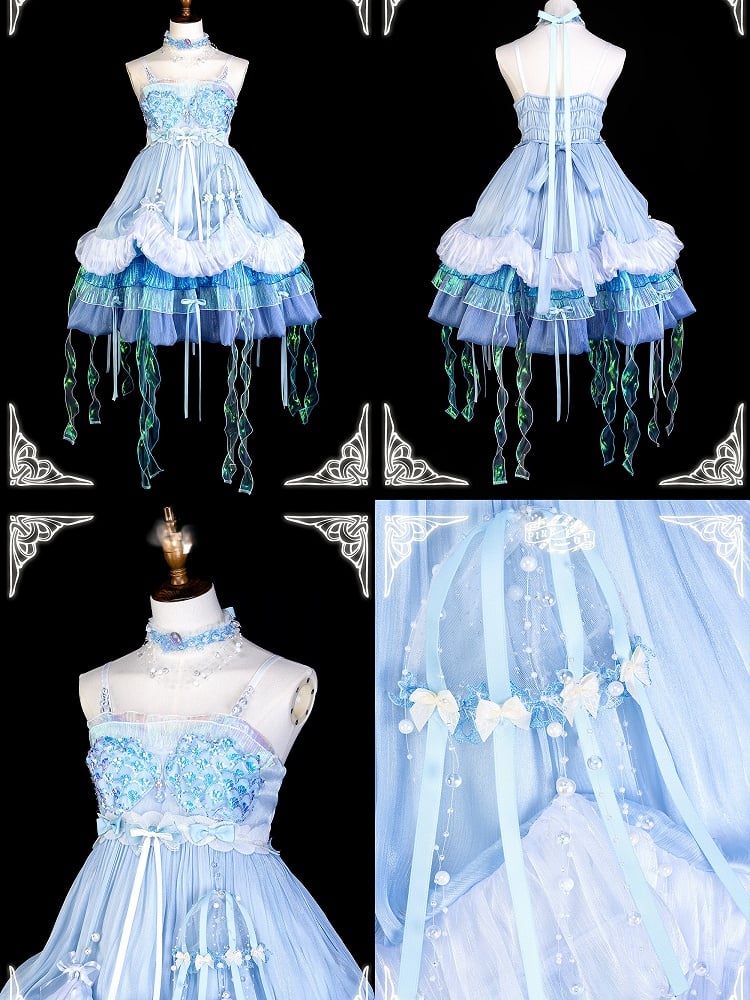 [Date limite de précommande : 1er août] Robe JKS lolita féerique méduse océan blanc x bleu à superpositions avec traîne aurore