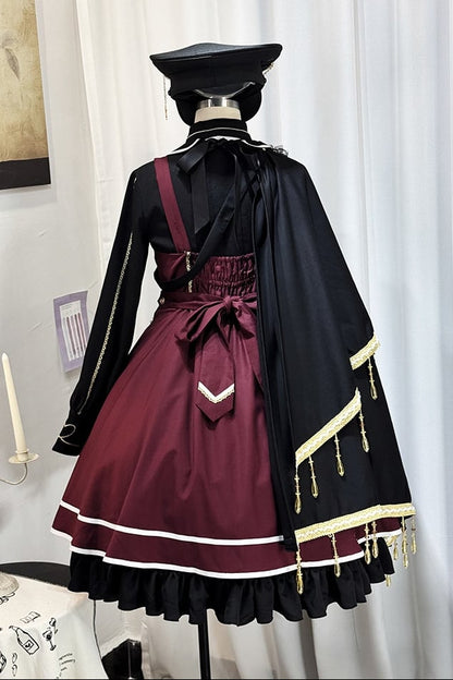 【6月28日予約締切】レッドブラック/ブルーブラックダークロリータゴールドエンブロイダリーテーラーカラーJKSドレス＋ネクタイ＋ウエストバッグ付きベルト