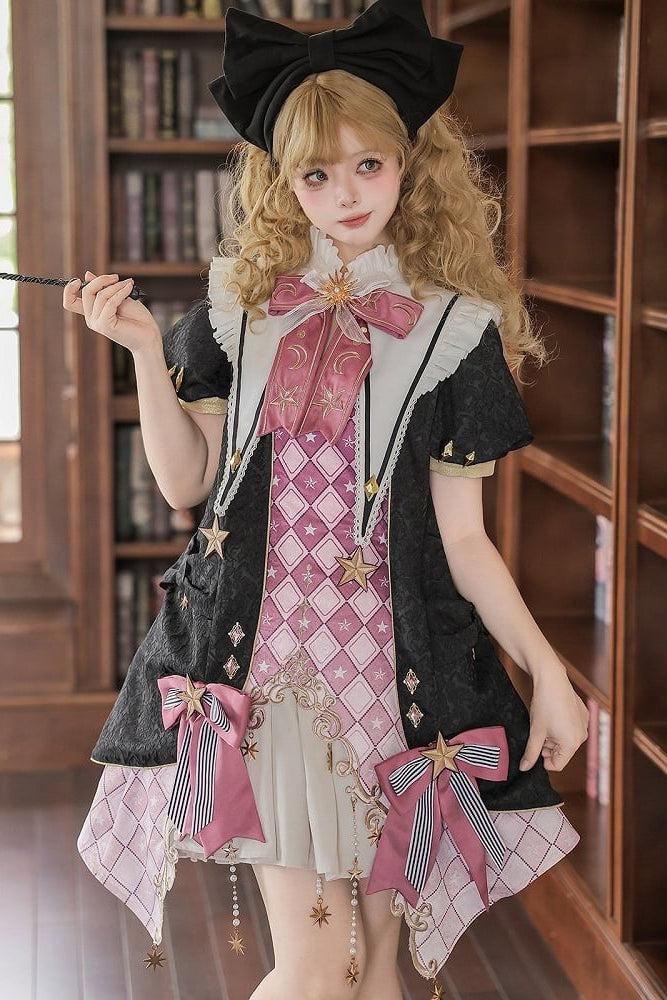 【10月13日予約締切】Magic Academy Starry Diamond Pendant Bow Lolita Dress + Black Lace Trim Bow Puff Sleeve Jacket + Detachable Star Embroidery Ribbon Frill Collar + Full Set