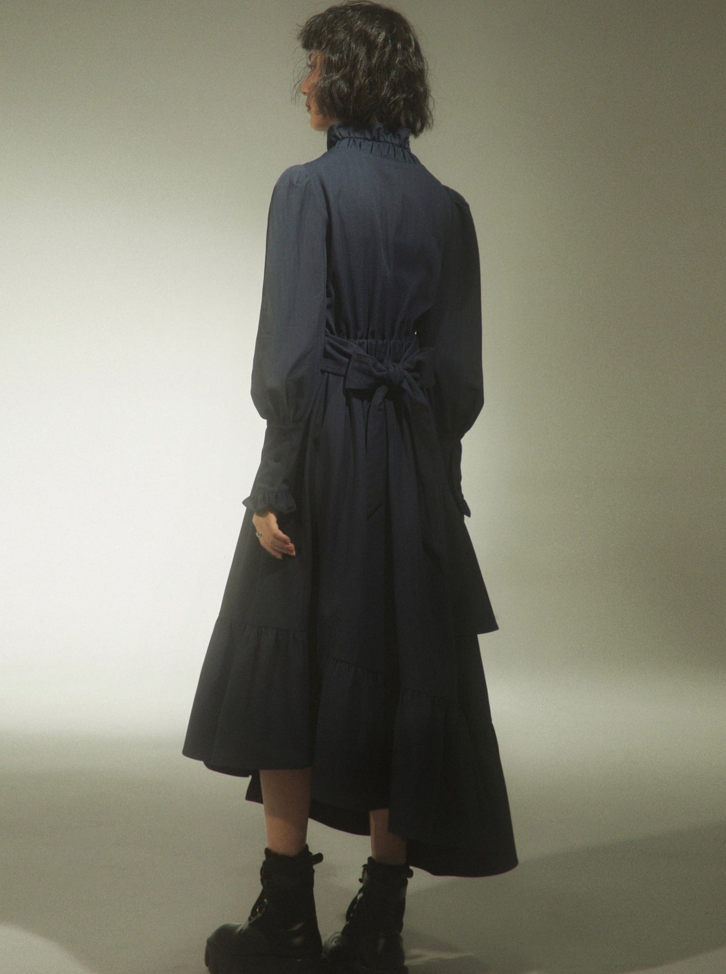 Ruffled Half High Collar Asymmetrical Pleated Shirt Dress