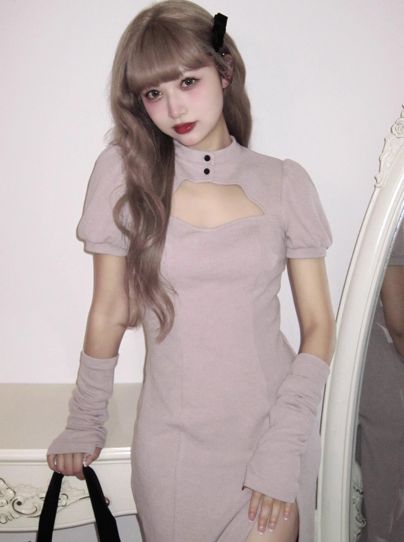 Stand Neck Slit Sweet Dress + Leg Warmers