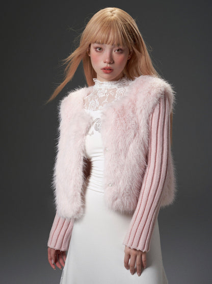 Ribbed High Turtleneck Fur Vest Top