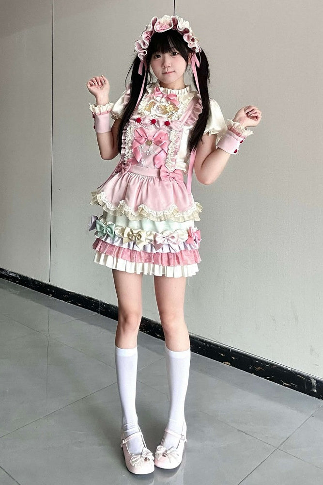 [Reservierungsschluss: 20. August] Dream-Parade Sweet-Lolita-Bluse mit Stickerei und Rüschen + gestuftes JKS-Kleidset mit Pastellschleife