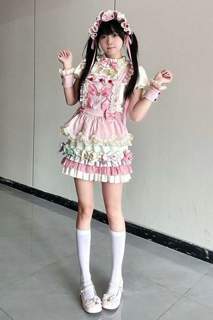 [Reservierungsschluss: 20. August] Dream-Parade Sweet-Lolita-Bluse mit Stickerei und Rüschen + gestuftes JKS-Kleidset mit Pastellschleife