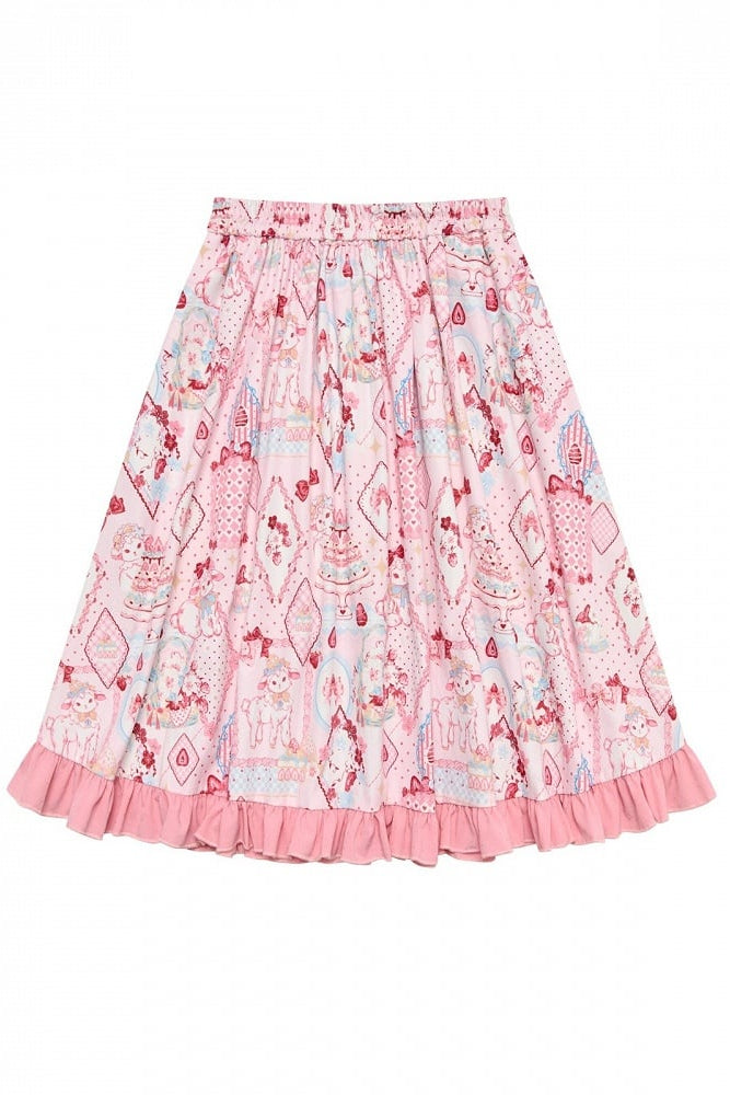 【10月21日予約締切】Pink/Blue Hanfu-inspired Little Lamb Tea Party Lace Wide Sleeve Blouse + Printed Ruffle Skirt + Pleated Mamian Skirt + Strawberry Embroidered Ribbon Lace Apron