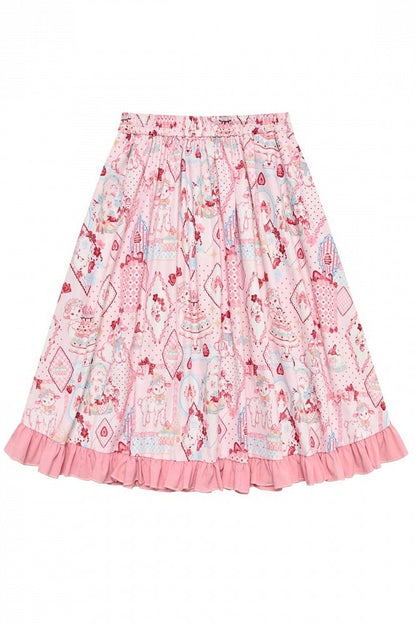 【10月21日予約締切】Pink/Blue Hanfu-inspired Little Lamb Tea Party Lace Wide Sleeve Blouse + Printed Ruffle Skirt + Pleated Mamian Skirt + Strawberry Embroidered Ribbon Lace Apron