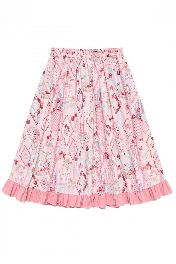 【10月21日予約締切】Pink/Blue Hanfu-inspired Little Lamb Tea Party Lace Wide Sleeve Blouse + Printed Ruffle Skirt + Pleated Mamian Skirt + Strawberry Embroidered Ribbon Lace Apron