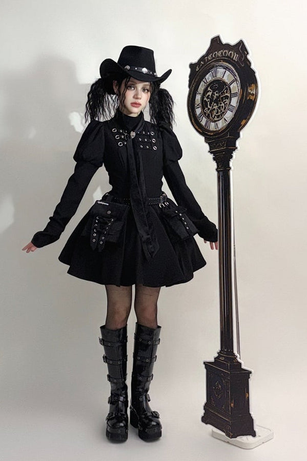 [Scadenza prenotazioni 6 novembre] Abito da bambola steampunk marrone x gothic mode nero con fibbia, collo alto e maniche lunghe a sbuffo
