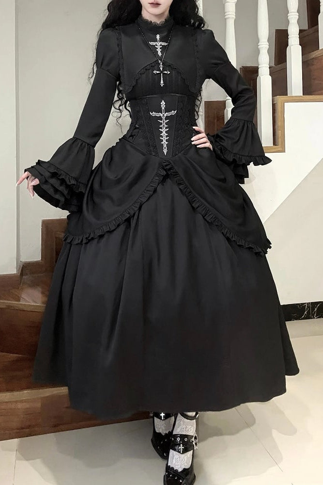 [Termine prenotazione 30 maggio] Abito gothic lolita bianco e nero con maniche svasate + sopragonna a corsetto rialzabile con croci + set completo