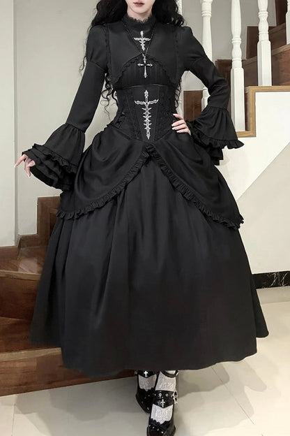 [Termine prenotazione 30 maggio] Abito gothic lolita bianco e nero con maniche svasate + sopragonna a corsetto rialzabile con croci + set completo