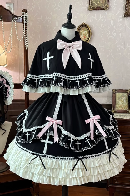 【10月4日予約締切】Black Pink Gothic-Inspired Sweet Lolita Ribbon Ruffle Dress＋Cross Embroidery Ribbon Cape