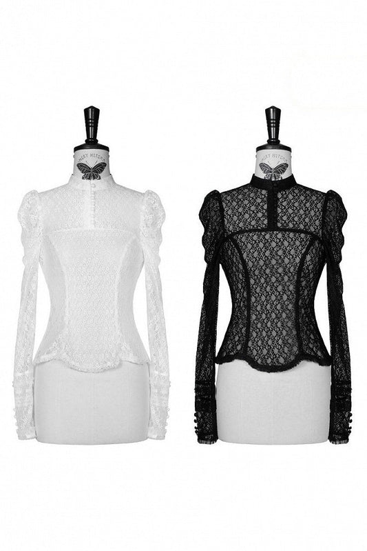 [Vorbestellschluss: 10. Monat, 14. Tag] Schwarz/Weißes Gothic-Lolita-Innentop aus transparenter Spitze mit langen Ärmeln