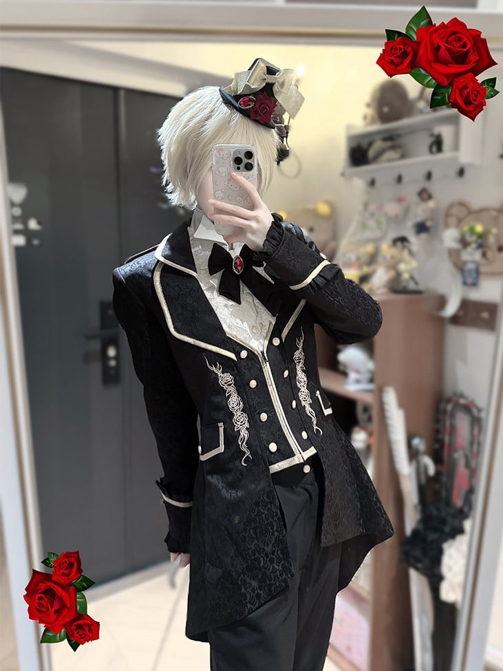 [Précommande jusqu'au 8 mai] Veste queue-de-pie gothique noire/rouge avec bordure dorée et broderies